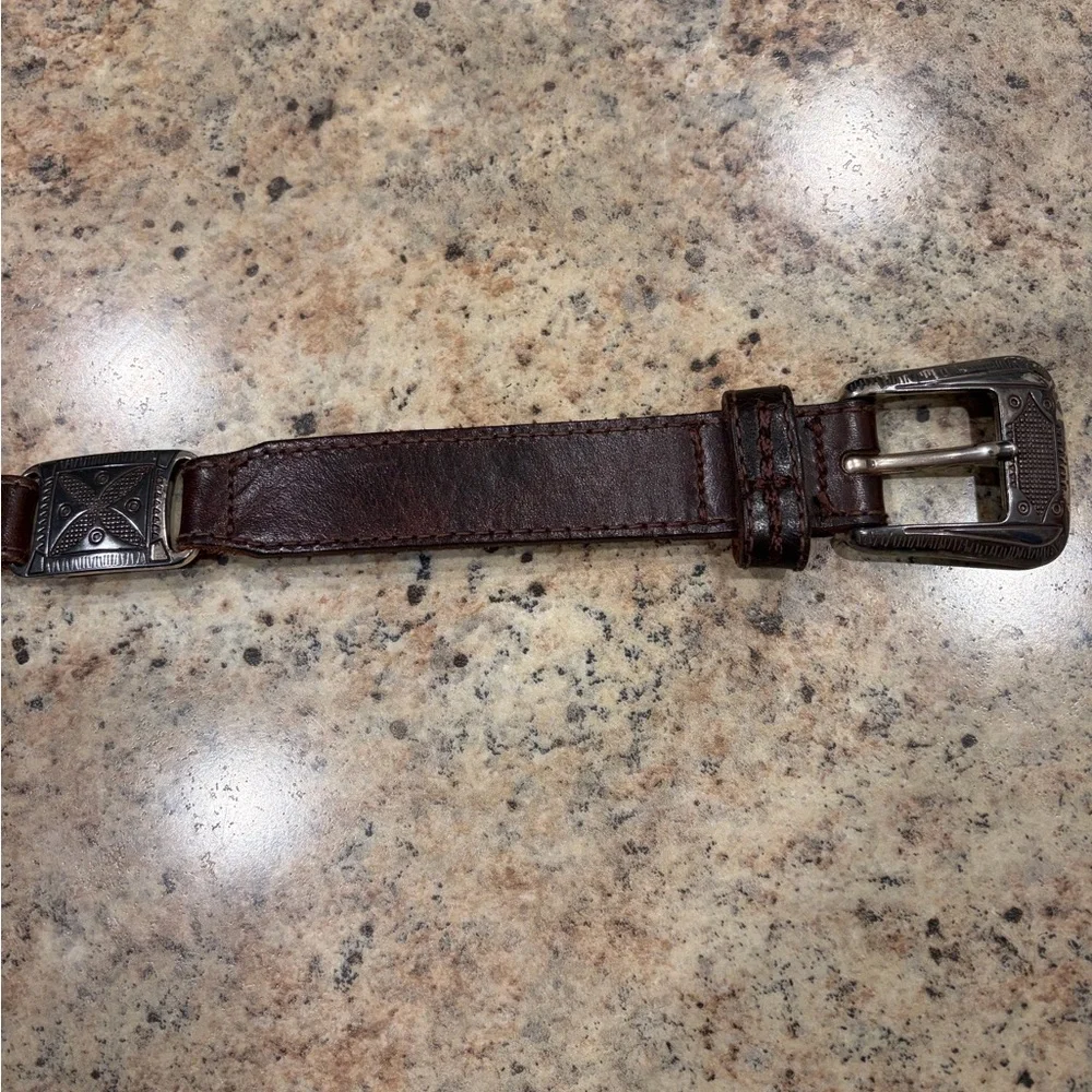 Vintage Fossil 1998 Brown and Silver Tone Leather Belt with Silver Buckle Size M